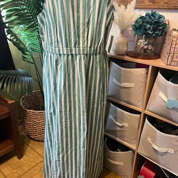 Green & White Striped Sleeveless Maxi Dress With Elastic Waist & Square Neckline - Picture 13 of 14